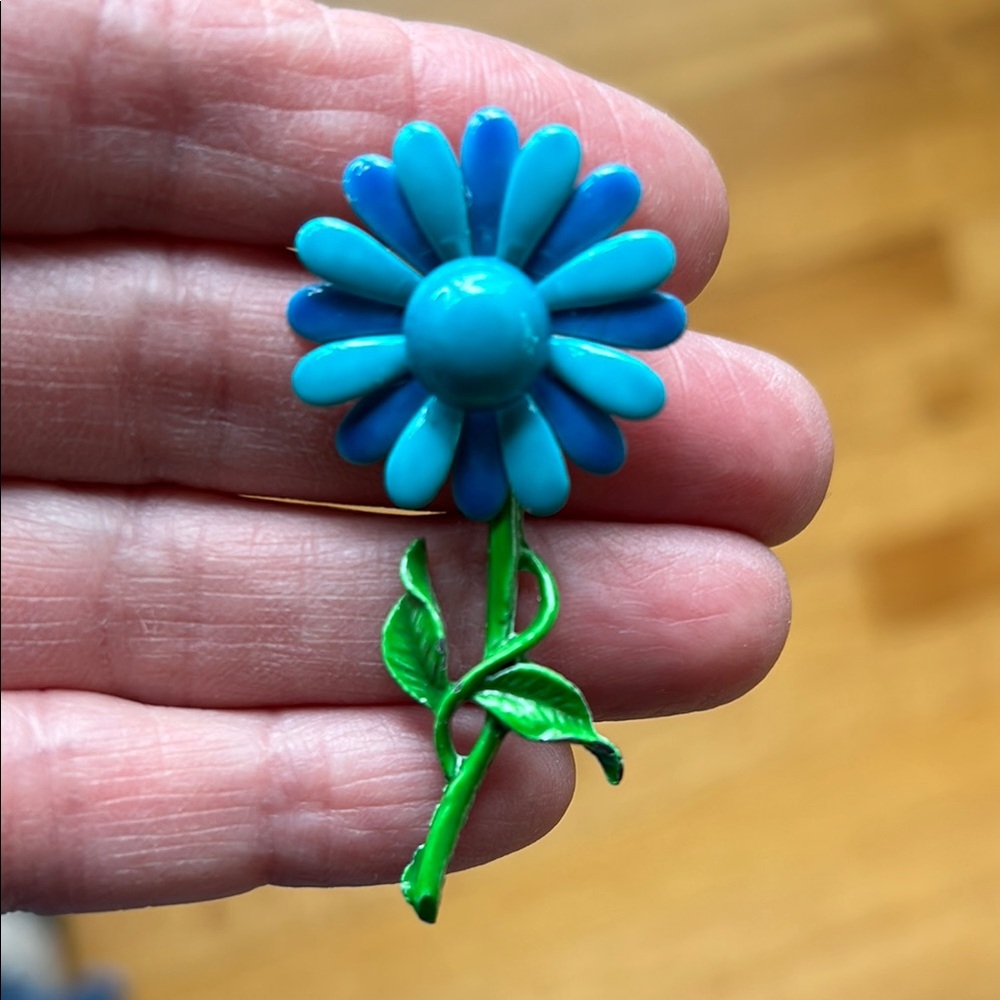 Vintage Blue & Aqua Enamel Flower Brooch